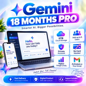 Op de afbeelding: Een digitale productadvertentie voor Gemini 18 Months Pro met een laptop en smartphone die een chatinterface weergeven. De tekst bevat Smarter AI. Bigger Possibilities., 5TB Cloud Storage, Add up to 5 Users, Private Account, No Card Needed, Higher Usage Limits en Activated on Your Gmail.