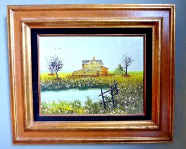 Vintage Country Landscape Oil Painting, Mid Century Modern Farmhouse ...