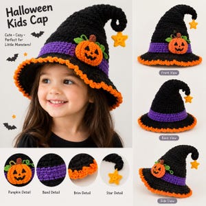 May include: A black crocheted witch hat for children featuring a purple band, an orange pumpkin appliqué, and a yellow star dangling from the pointed tip. The brim is edged in orange, and the hat is shown from multiple angles with detail shots.