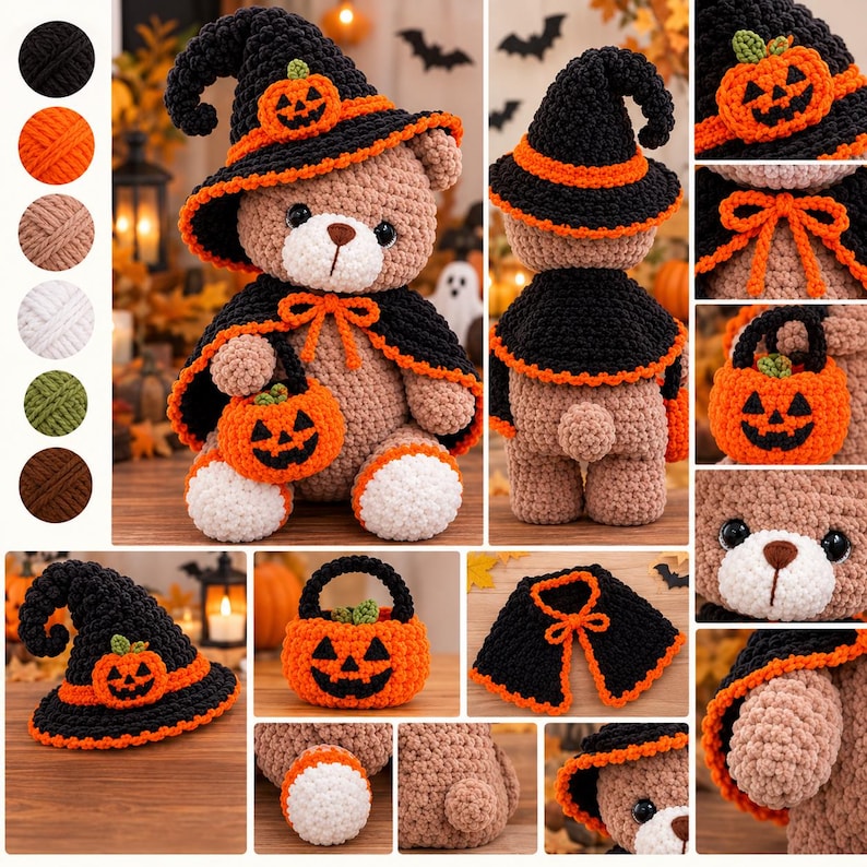 Halloween Teddy Bear Crochet Pattern PDF, Witch Hat Amigurumi, Pumpkin ...