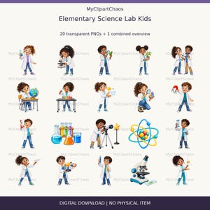 Può includere: Una collezione digitale intitolata MyClipartChaos Elementary Science Lab Kids che presenta 20 illustrazioni PNG trasparenti di bambini in camice bianco con attrezzature scientifiche come microscopi, provette, mappamondi e modelli atomici.