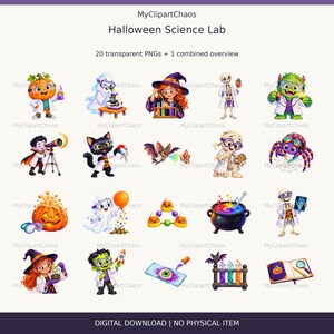 May include: A digital collection titled MyClipartChaos Halloween Science Lab featuring 20 transparent PNG illustrations of cartoon characters including pumpkins, witches, skeletons, and monsters engaged in various scientific experiments.