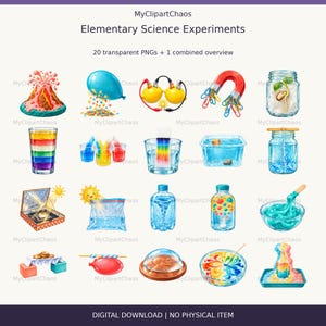 Puede incluir: Una colección digital titulada MyClipartChaos Elementary Science Experiments que presenta 20 ilustraciones coloridas de actividades científicas, incluyendo un volcán, batería de limón, imán, crecimiento de plantas, líquido arcoíris y reacciones químicas.