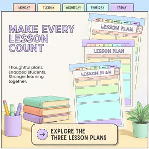 May include: Three lesson plan templates with pastel headers and organised sections for teacher, subject, date, topic, and objectives. The image includes a stack of three books, a pencil holder with writing utensils, and a small potted plant.