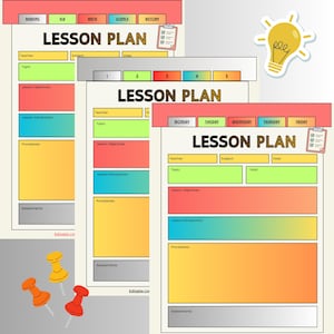 以下が含まれることがあります： Reading、ELA、Math、Science、History、MondayからFridayとラベル付けされたカラフルなタブ付きのレッスン計画テンプレート3枚。各ページには、教師、科目、日付、トピック、目標、導入、手順、評価のセクションが含まれています。