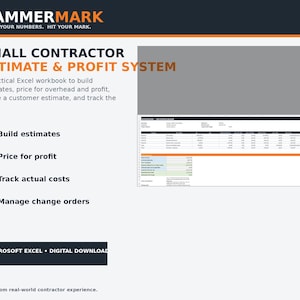 Może przedstawiać: Cyfrowy skoroszyt programu Microsoft Excel zatytułowany HammerMark Small Contractor Estimate & Profit System. Dokument zawiera sekcje umożliwiające tworzenie kosztorysów, wycenę kosztów ogólnych i zysków, śledzenie rzeczywistych kosztów oraz zarządzanie zmianami w zamówieniach.