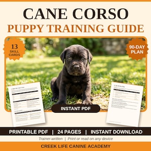 Könnte beinhalten: Ein Cane Corso Welpentrainingsleitfaden mit einem dunkelbraunen Welpen auf Gras, 13 Skill-Karten, einem 90-Tage-Plan und 24 Seiten. Das digitale Dokument trägt den Titel Cane Corso Puppy Training Guide von der Creek Life Canine Academy.