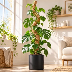 May include: A tall Monstera plant with large, glossy, split-leaf foliage climbing a thick, cylindrical brown coir moss pole. The plant is potted in a solid, matte black cylindrical container, showcasing vibrant green leaves and sturdy stems.