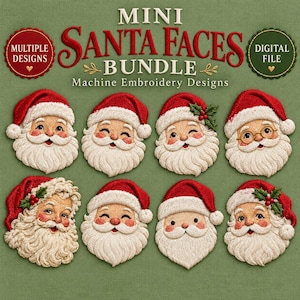 Puede incluir: Una colección de archivos digitales de ocho diseños bordados de caras de Papá Noel sobre un fondo verde. El texto dice MINI SANTA FACES BUNDLE Machine Embroidery Designs, con insignias circulares MULTIPLE DESIGNS y DIGITAL FILE.