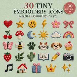 Puede incluir: Una colección digital de 30 pequeños iconos de bordado a máquina con diversas formas, incluyendo un corazón rojo, estrella amarilla, cara sonriente, rayo, flor rosa, lazo, cerezas, seta, luna, sol, nube, arcoíris, mariposa, abeja, huella, gato, perro, cupcake, fresa, hojas, cactus, libro abierto, lápiz, cámara, nota musical, casa, regalo, corona y estrellas brillantes.