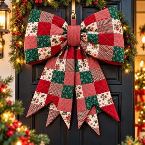 Quilted Christmas Bow Sewing Pattern PDF, Giant Patchwork Door Bow, Oversized Fabric Bow Hanger, Beginner Holiday Decor