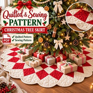 Op de afbeelding: Een digitaal PDF-naaipatroon voor een doorgestikte kerstboomrok met een rood-wit ruitpatroon en een geschulpte rand. De afbeelding toont de afgewerkte rok onder een versierde boom met cadeauverpakkingen en tekst.