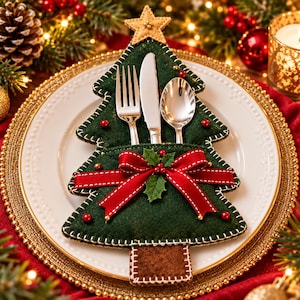 May include: A dark green felt Christmas tree-shaped cutlery holder featuring a tan star at the top, a brown trunk, white blanket stitching, small red beads, and a red ribbon bow with green holly leaves, containing a silver fork, knife, and spoon.