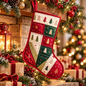 Patrón de costura en PDF para calcetín navideño acolchado, calcetín navideño de patchwork, plantillas en formato A4 y Carta estadounidense.