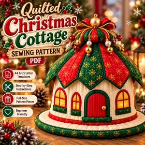May include: A quilted Christmas cottage sewing pattern PDF featuring a fabric house with a red and green snowflake roof, a cream-colored base with arched windows and a red door, topped with gold and pearl beads and a bow.