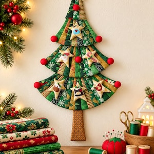Könnte beinhalten: Eine Wanddekoration aus Stoff in Form eines Weihnachtsbaums, gefertigt aus gesteppten grünen und goldenen Stoffstreifen. Der Baum ist mit kleinen, gepolsterten Sternen mit weihnachtlichen Motiven und roten Pompons an den Spitzen verziert.