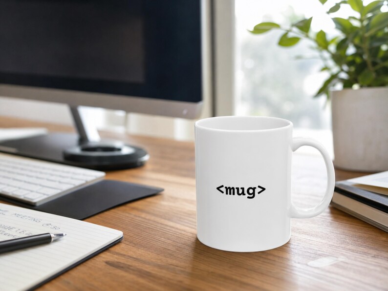 May include: A white ceramic mug featuring the black text <mug> printed on the front. The mug has a standard cylindrical shape with a curved handle on the right side, presented in a clean, minimalist style for daily beverage consumption.