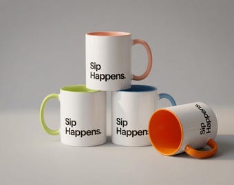 May include: Four white ceramic mugs with black text that reads Sip Happens. Each mug features a different colored interior and handle: one peach, one lime green, one light blue, and one bright orange, arranged in a stacked formation.