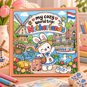 Könnte beinhalten: Ein quadratisches Malbuch mit dem Titel My Cozy World Trip: Netherlands, das einen Cartoon-Hasen mit Koffer, eine Windmühle, einen Kanal mit Boot, Tulpen und Holzschuhe zeigt. Das Cover ist bunt gestaltet und hat einen hellorangen Rand.