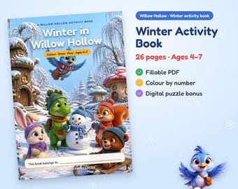 Winter Activity Book Kids 4-7, Colour by Number, Maze, Word Search, Fillable PDF, Digital Puzzle