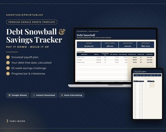 Debt Snowball Tracker Google Sheets, 52 Week Savings Challenge, Debt Payoff Planner Spreadsheet, Debt Free Date Calculator, Premium Template
