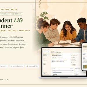 Puede incluir: Una aplicación web de planificación para estudiantes de secundaria y universidad. La interfaz muestra un planificador semanal, seguimiento de tareas, plan de fitness, registro de sueño y tarjeta de puntuación en laptop y smartphone.