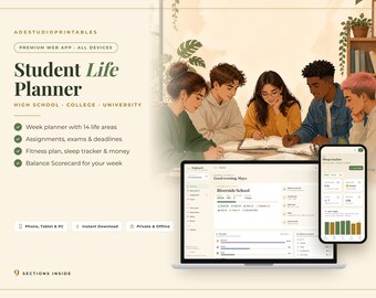 Student Planner App for Phone, Tablet and Computer, Weekly Study Planner, Assignment & Exam Tracker, Fitness Plan, Life Balance Planner