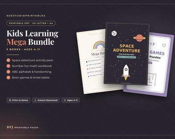 Kids Learning Mega Bundle, 103 Printable Worksheets Ages 4-11, Math, Alphabet Tracing, Times Tables, Mazes, Sudoku, Homeschool PDF