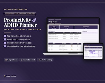 ADHD Planner Google Sheets, Daily Productivity Planner, Habit Tracker & Mood Tracker Spreadsheet, Time Blocking Template, Digital Planner