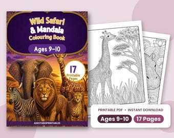 サファリとマンダラの塗り絵ブック（9～10歳向け、印刷可能な野生動物のページ、PDF形式）