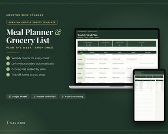 Meal Planner Google Sheets, Weekly Meal Plan & Grocery List Spreadsheet, Family Menu Planner, Shopping List by Aisle, Premium Template