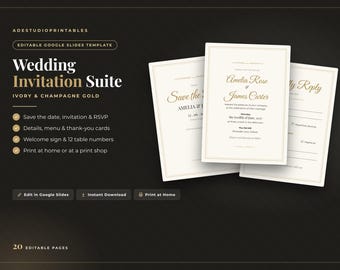 Wedding Invitation Suite Template, Editable Google Slides, Save the Date, RSVP, Menu, Table Numbers, Welcome Sign, Ivory & Gold Printable
