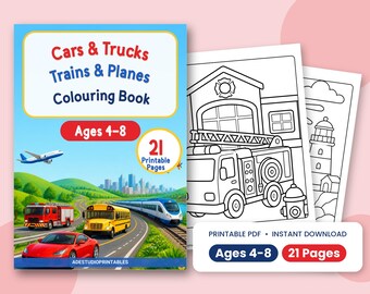 4～8歳のお子様向け乗り物ぬりえブック、印刷可能な車、トラック、電車、飛行機のぬりえページ（PDF形式）