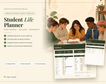 Student Planner Google Sheets, Weekly Study Planner Spreadsheet, Assignment & Exam Tracker, Fitness Plan, Student Budget, Life Balance