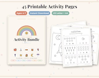 Kids Activity Bundle Ages 4-7, 45 Printable Worksheets, Preschool Kindergarten Activities, Tracing, Mazes, Dot to Dot, Coloring, Early Math