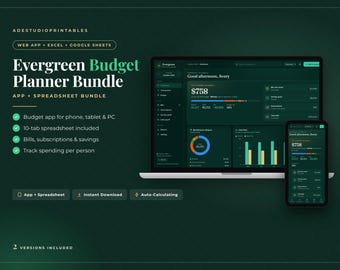 Evergreen Budget Planner: Web App + Excel & Google Sheets Bundle, Digital Download
