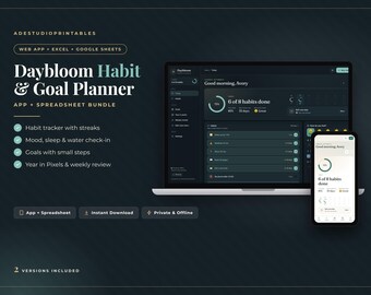 Habit Tracker App + Google Sheets Spreadsheet, Goal Planner, Mood Tracker, Year in Pixels, Self Care Planner, Daily Habit & Wellness Journal