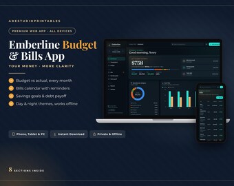 Budget and Bills Planner App for Phone, Tablet & Computer, Monthly Budget Tracker, Bill Tracker, Savings Goals, Debt Payoff, Dark Mode