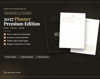 2027 Planner Printable, Elegant Yearly Planner PDF, Monthly Calendar, Weekly and Daily Planner, Habit Tracker, Budget, A4 Letter