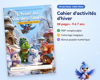 Cahier d'activités hiver 4-7 ans, coloriage magique, labyrinthe, mots mêlés, PDF remplissable, puzzle