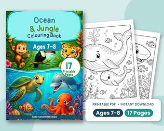 子供向け海洋とジャングルの塗り絵ブック（7～8歳向け、印刷可能な海の生き物ページ、PDF形式）