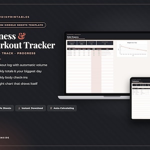 Può includere: Un modello digitale di fitness e workout tracker per Google Sheets visualizzato su uno schermo di laptop e tablet. L'interfaccia presenta sfondi scuri con testo bianco, tabelle di dati e un grafico del peso. Il testo include Fitness & Workout Tracker.