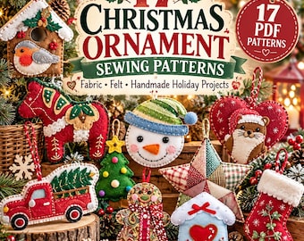 PDF-Set mit gesteppten Ornamenten | DIY-Nähvorlagen für Stoffornamente, Filz-Weihnachtsornamente, Weihnachtsnähvorlagen