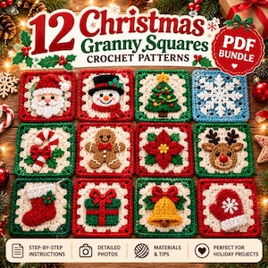 May include: A digital PDF bundle featuring 12 Christmas granny square crochet patterns. The squares display festive motifs including Santa, a snowman, a tree, a snowflake, a candy cane, a gingerbread man, a poinsettia, a reindeer, a stocking, a gift, a bell, and a mitten.