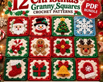May include: A digital PDF bundle featuring 12 Christmas granny square crochet patterns. The squares display festive motifs including Santa, a snowman, a tree, a snowflake, a candy cane, a gingerbread man, a poinsettia, a reindeer, a stocking, a gift, a bell, and a mitten.