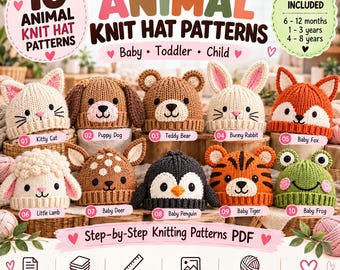 Può includere: Una collezione digitale di 10 modelli di cappellini lavorati a maglia a forma di animale per neonati, bambini piccoli e bambini. L'immagine mostra i cappellini finiti, tra cui gatto, cane, orso, coniglio, volpe, agnello, cervo, pinguino, tigre e rana.