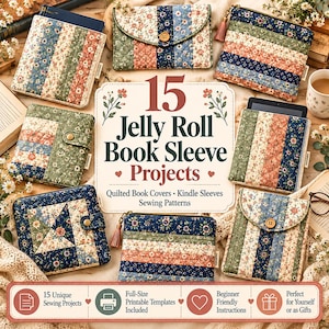 May include: A collection of seven quilted fabric book sleeves and pouches featuring floral patterns in blue, green, and cream. The central text reads 15 Jelly Roll Book Sleeve Projects, Quilted Book Covers, Kindle Sleeves, Sewing Patterns.