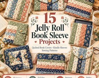 15 Schnittmuster für Buchhüllen im Jelly-Roll-Stil | Gesteppte Kindle-Hülle, gepolsterte Buchumschläge & druckbare PDF-Vorlagen