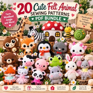 May include: A collection of 20 felt animal sewing patterns in a PDF bundle. The image displays various stuffed felt figures including a giraffe, zebra, monkey, fox, penguin, cat, cow, pig, frog, hippo, rabbit, mouse, and a mushroom house.