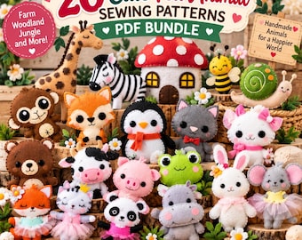 20 niedliche Nähvorlagen für Filztiere (PDF-Paket) | Filztiere, Filzspielzeug-Schnittmuster, Waldtiere, Bauernhoftiere, Handnähprojekte